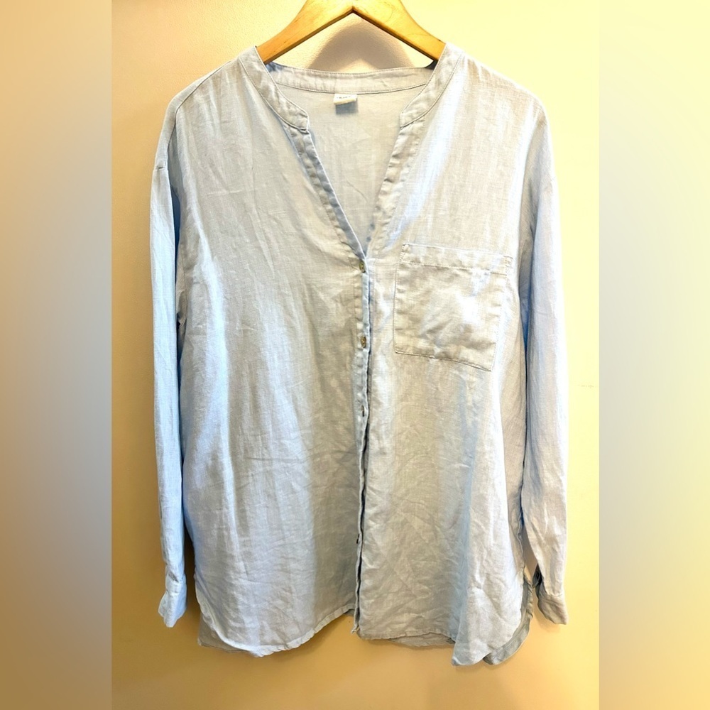 Lintico Women’s Large Linen Band Collar Button Down Long Sleeve Top
